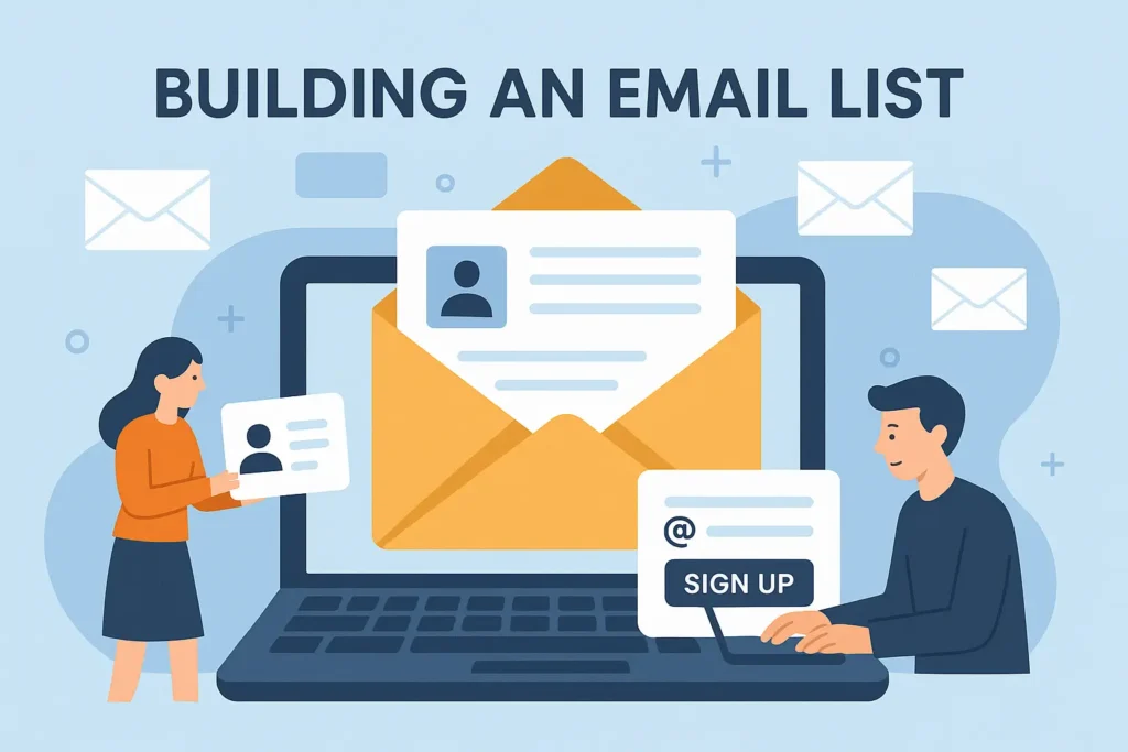 Illustration of people building an email list using a laptop with sign-up forms and email icons, ideal for digital marketing strategies