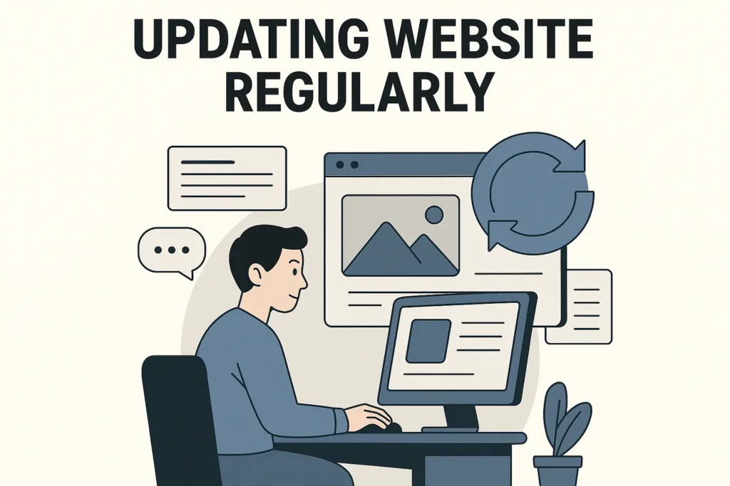 Illustration of a person updating a website regularly on a computer, with icons for content, images, and refresh, promoting SEO and website maintenance