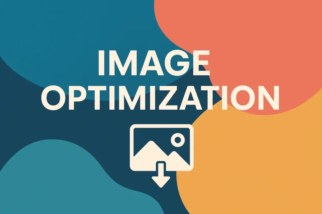 "Image Optimization" text with an icon of a landscape image and a download arrow, on a colorful background