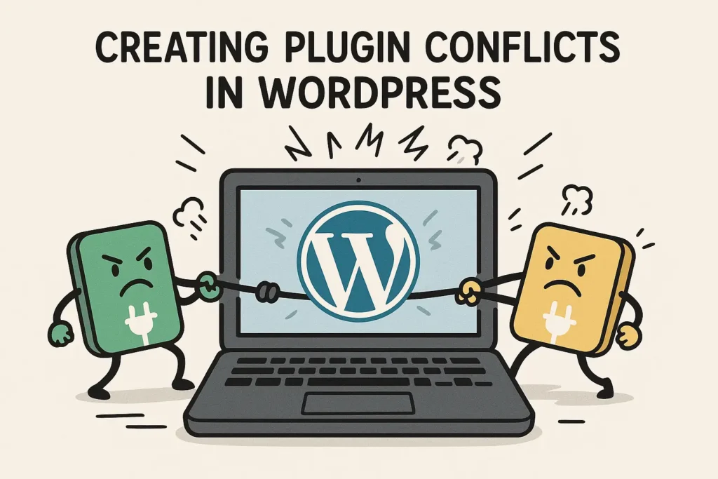 Illustration depicting angry plugin characters fighting over a laptop with the WordPress logo, symbolizing conflicts