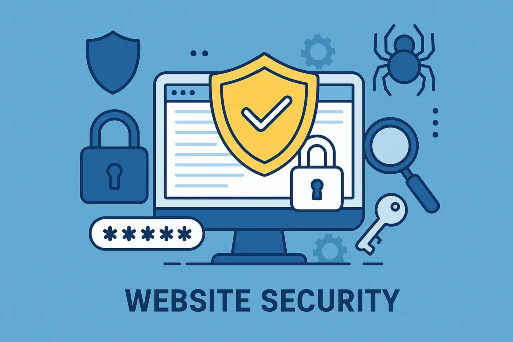 Illustration depicting website security with a shield, locks, password field, spider, and magnifying glass