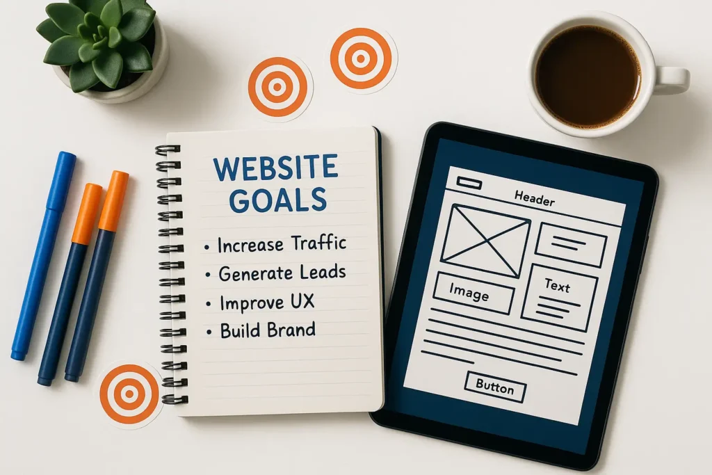 Notebook with Website Goals (Traffic, Leads, UX) next to a wireframe design tablet