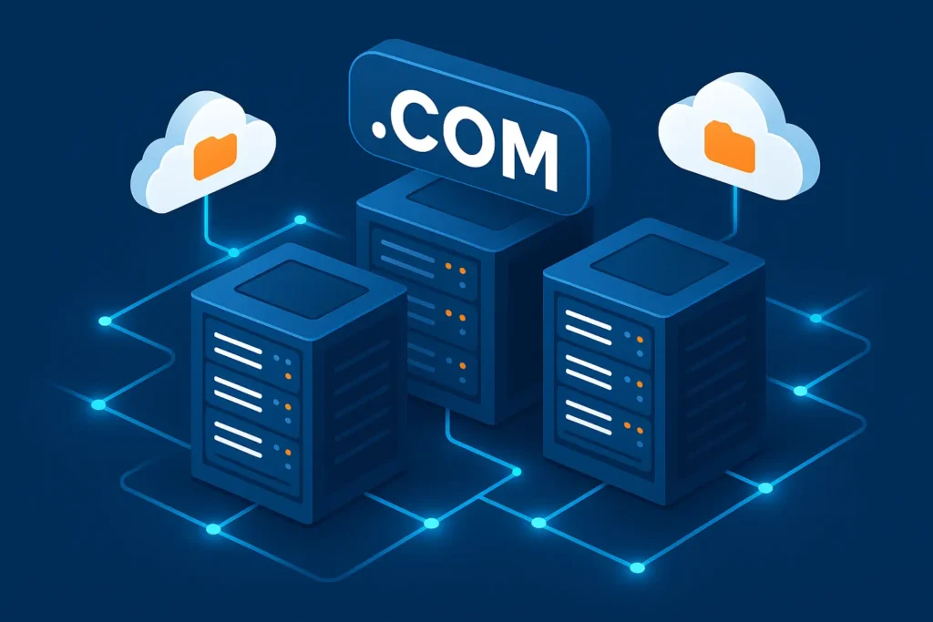 3D web hosting illustration showing secure server racks, cloud, and a .COM domain sign