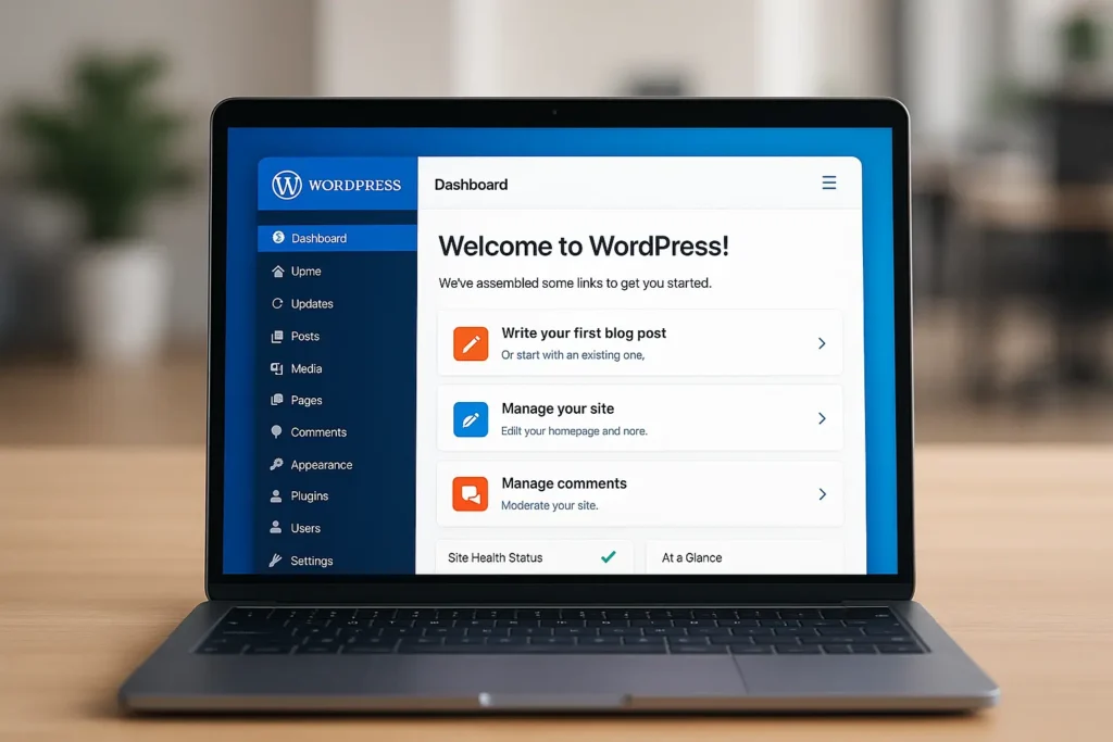  Dashboard Display...	Close-up of a modern WordPress Dashboard on a laptop, showing content management option