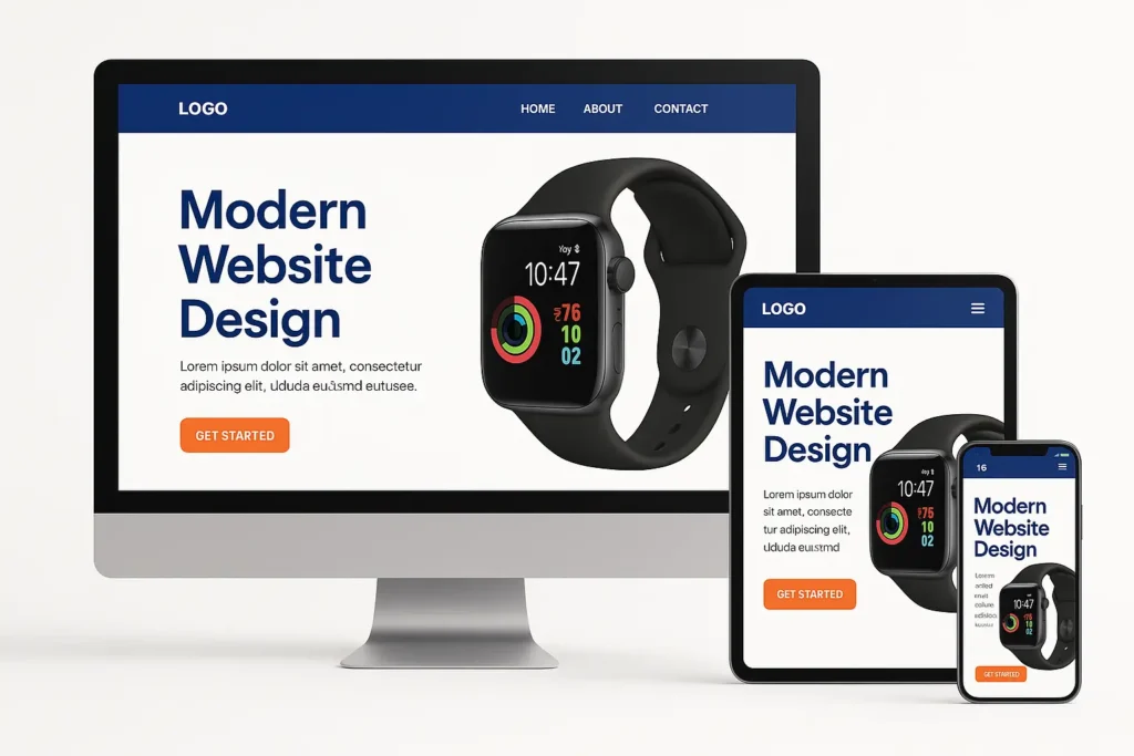 Modern website design displayed on a desktop, tablet, and phone, highlighting responsive design