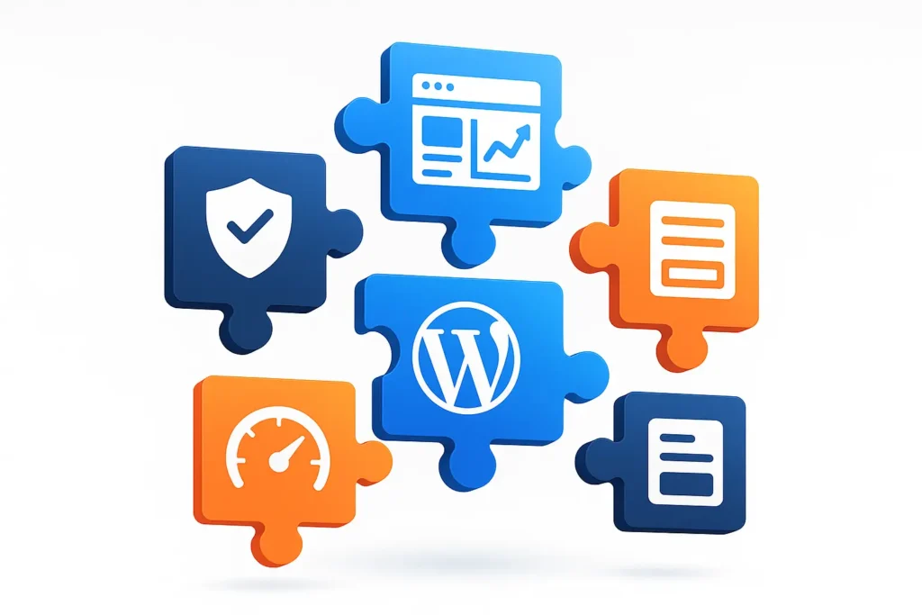 3D puzzle pieces with WordPress icons for security, speed, and plugins customization