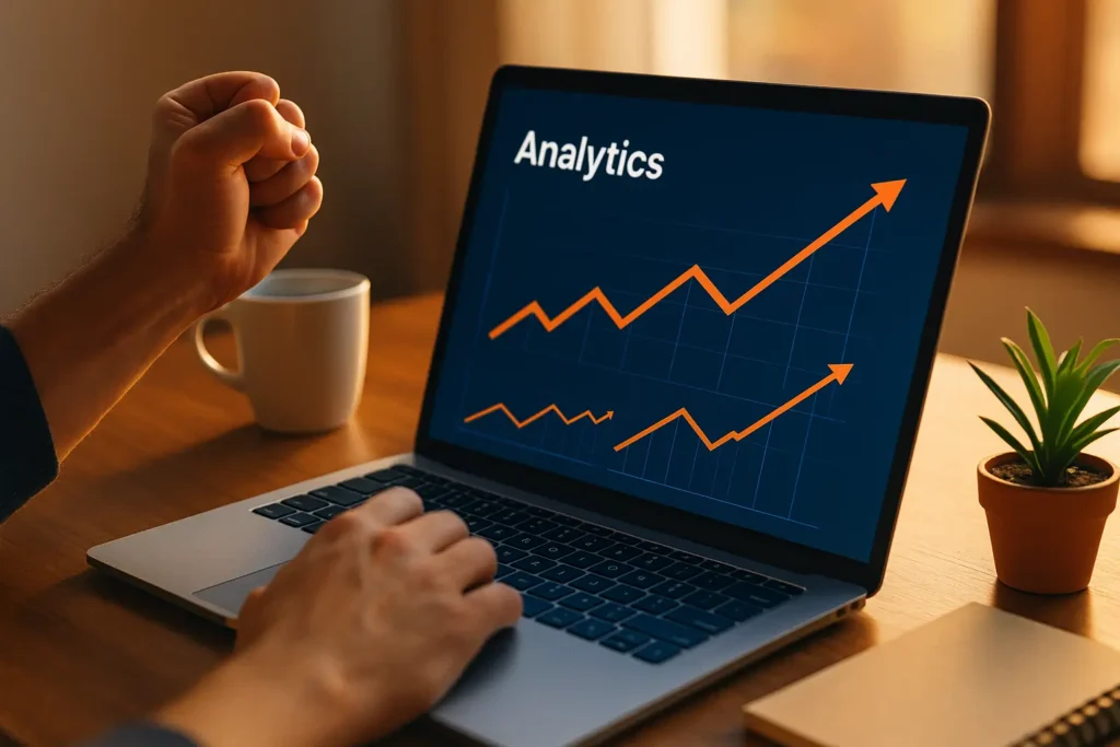 Hand celebrating as web analytics chart on laptop shows an upward SEO growth trend