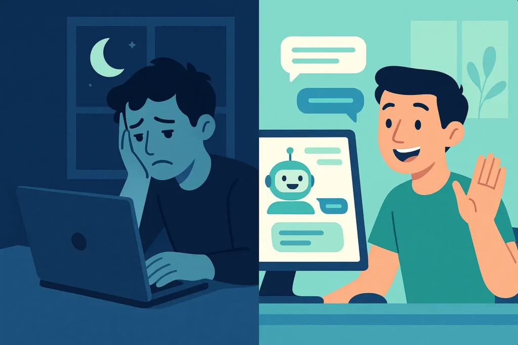 Split image showing sad man at laptop and happy man chatting with AI chatbot, symbolizing human vs AI user experience contrast