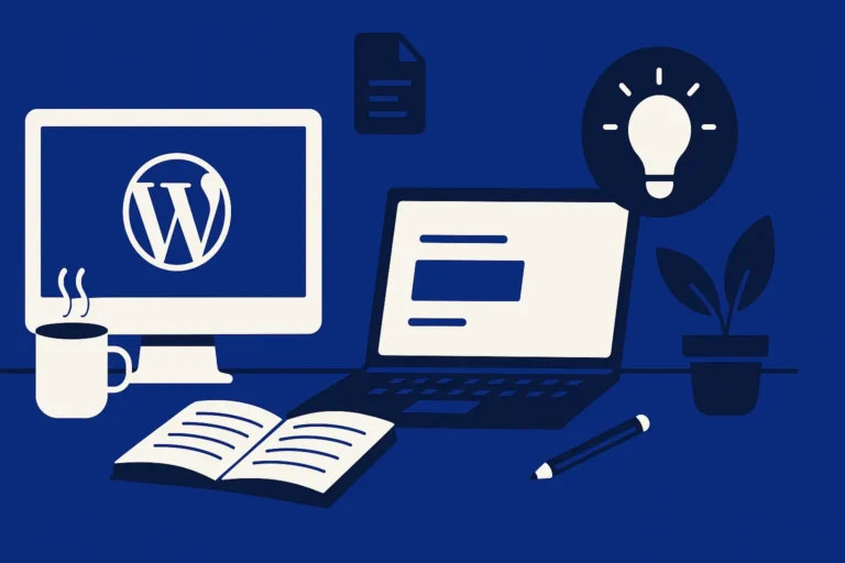 Complete WordPress for Beginners guide cover image with a laptop showing the WordPress dashboard, text and illustrations
