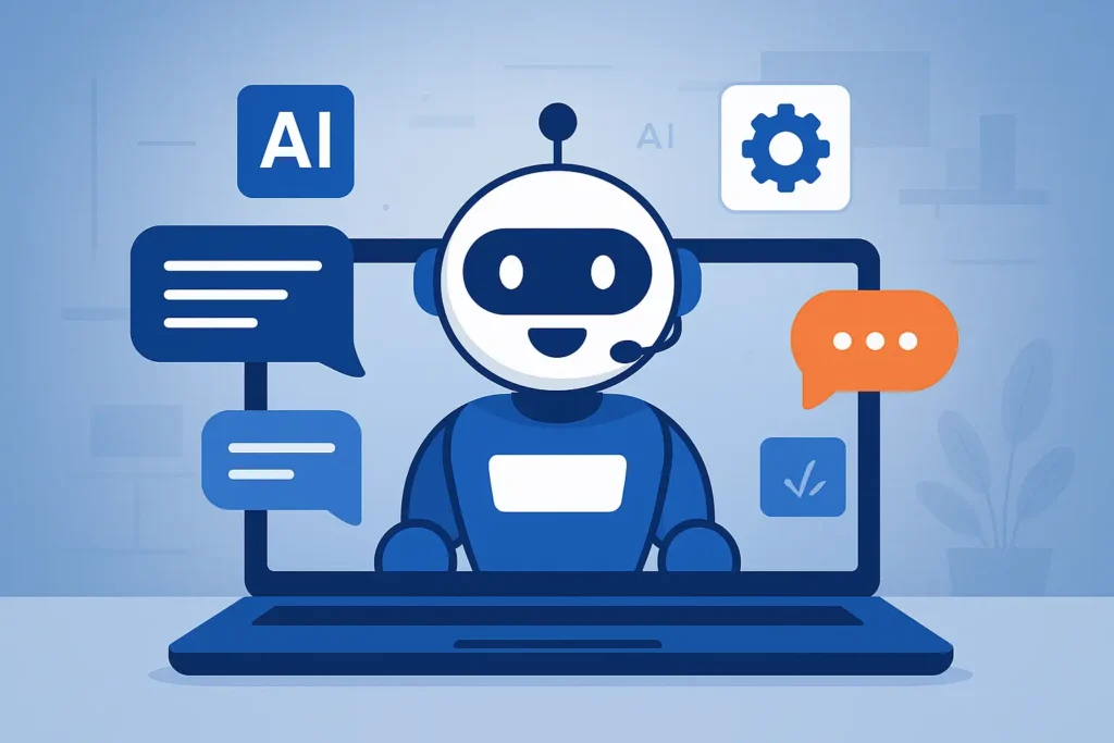 Futuristic blue chatbot interface with AI assistant icon, symbolizing automated customer support and smart digital tools