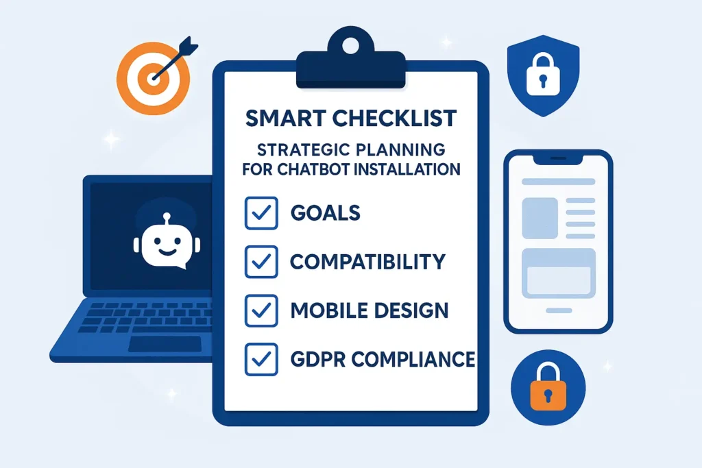 Smart checklist infographic for chatbot installation: covering goals, compatibility, mobile design, and GDPR compliance