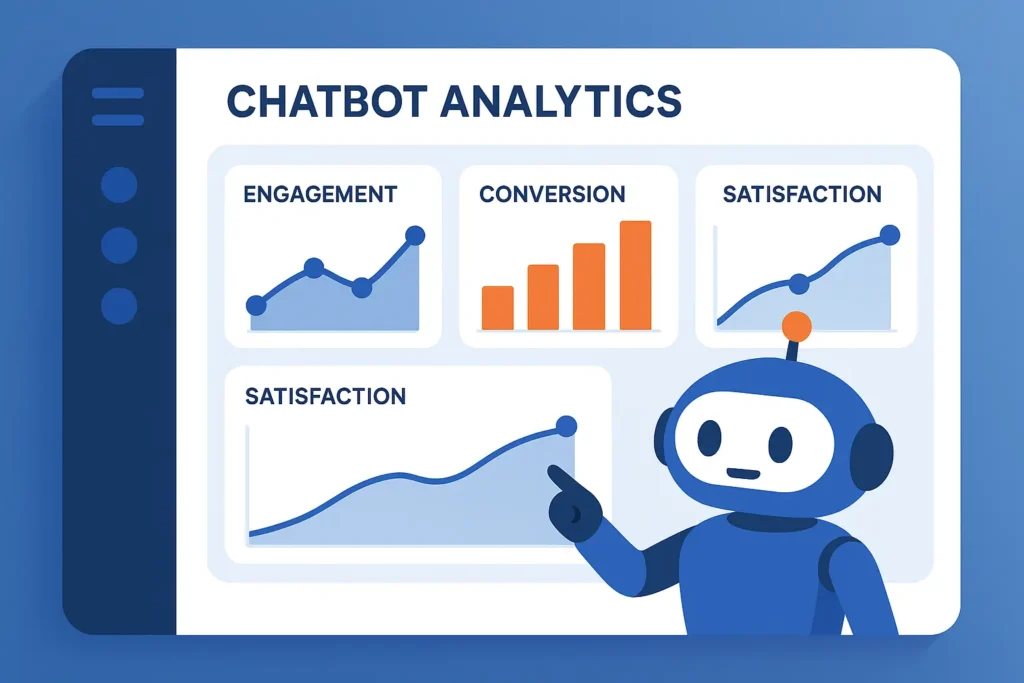 Chatbot analytics dashboard with charts for engagement, conversion, and user satisfaction metrics