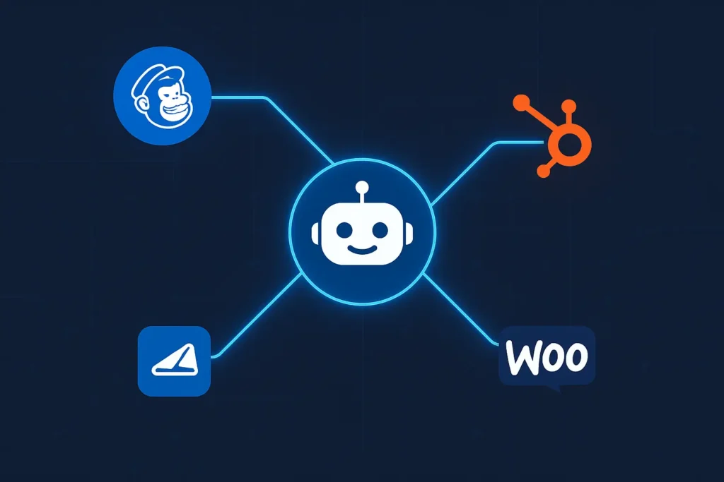 Futuristic graphic of digital integration connecting apps, data points, and systems to a central network