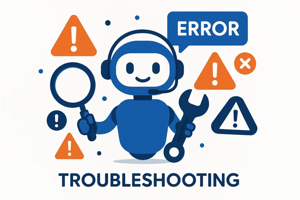 Chatbot troubleshooting icon: Robot fixing a broken gear with a wrench, symbolizing error resolution