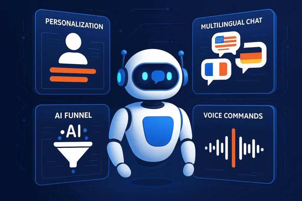Advanced AI chatbot features: personalization, multilingual support, conversion funnel, and voice commands