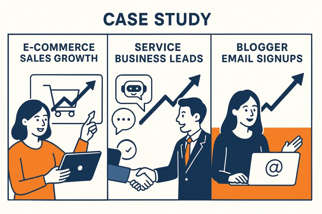 Case study collage showing sales growth, service leads, and email signups, demonstrating business success