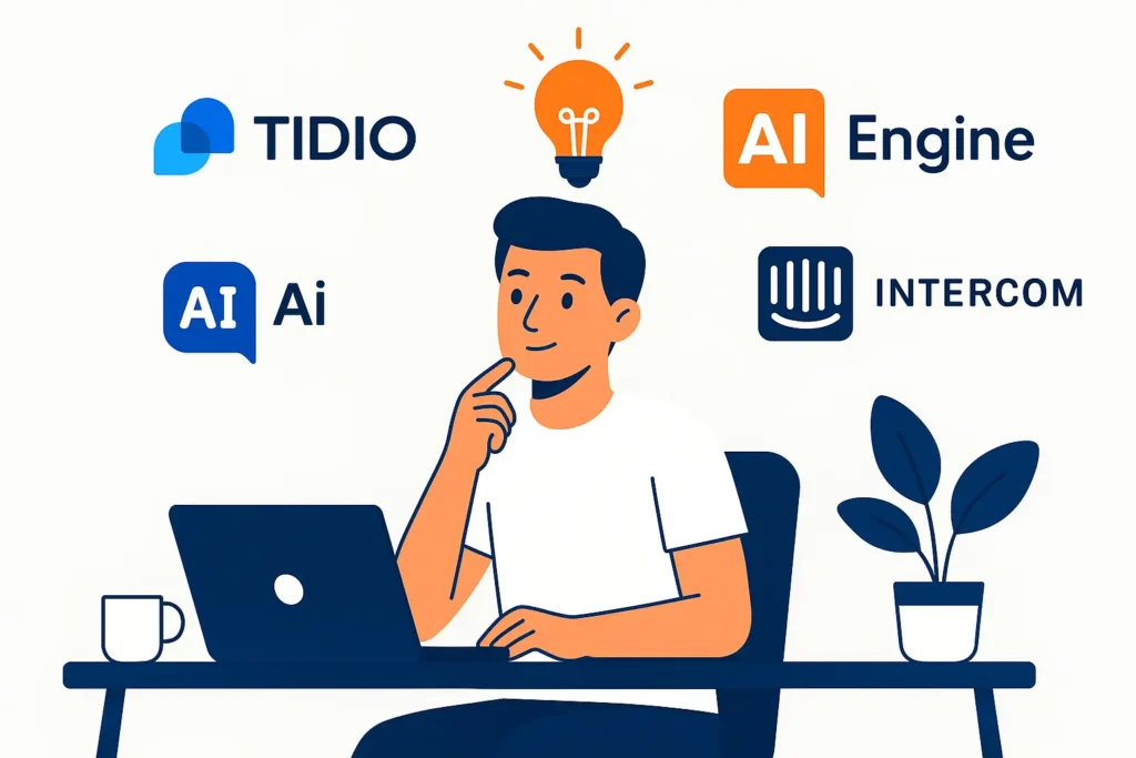 Man choosing chatbot tools (Tidio, Intercom, AI Engine) for the best conversational AI workspace insights.