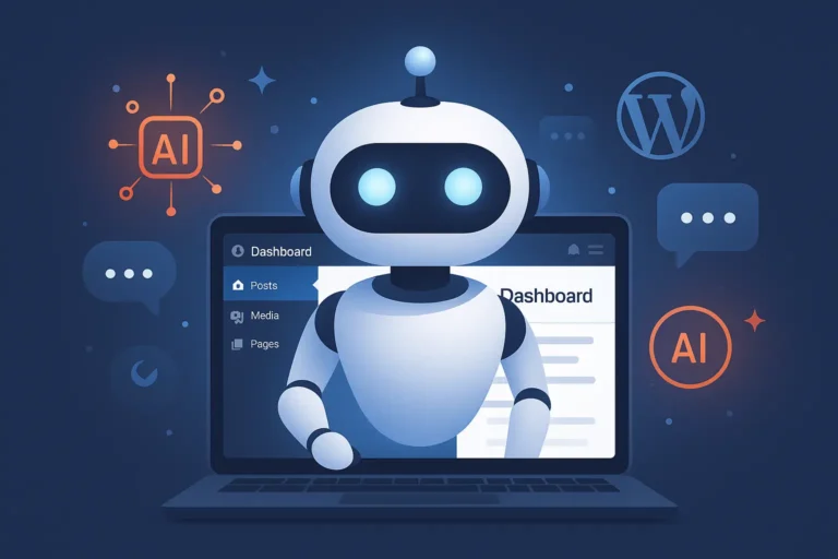 Futuristic chatbot assistant emerging from a laptop, illustrating WordPress or CMS dashboard integration