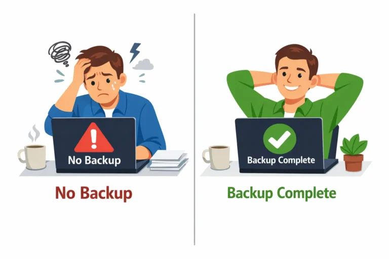 Comparison of a stressed man with no website backup versus a relaxed man with a completed backup on his laptop screen