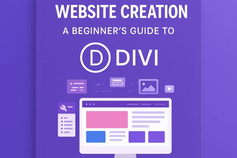 Image of a beginner's guide to website creation with Divi, featuring a laptop and design elements on a purple background