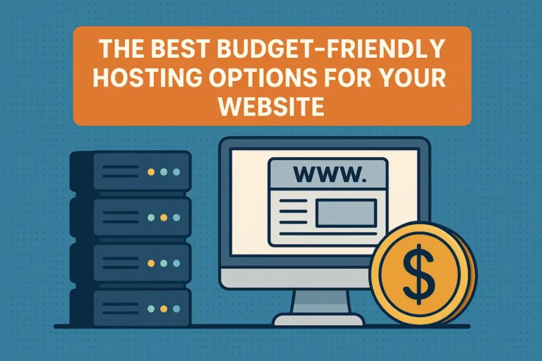 Affordable website hosting: server racks, desktop PC, and dollar coin representing budget-friendly options