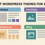 Best WordPress themes for 2025 infographic featuring business, portfolio, ecommerce, and blog layout illustrations