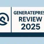 GeneratePress Review 2025 featured image with theme logo and bold text on a clean white and blue background.