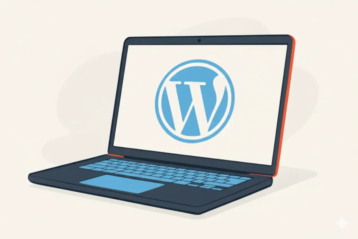 Laptop screen displaying the WordPress logo, representing website creation and WordPress platform setup